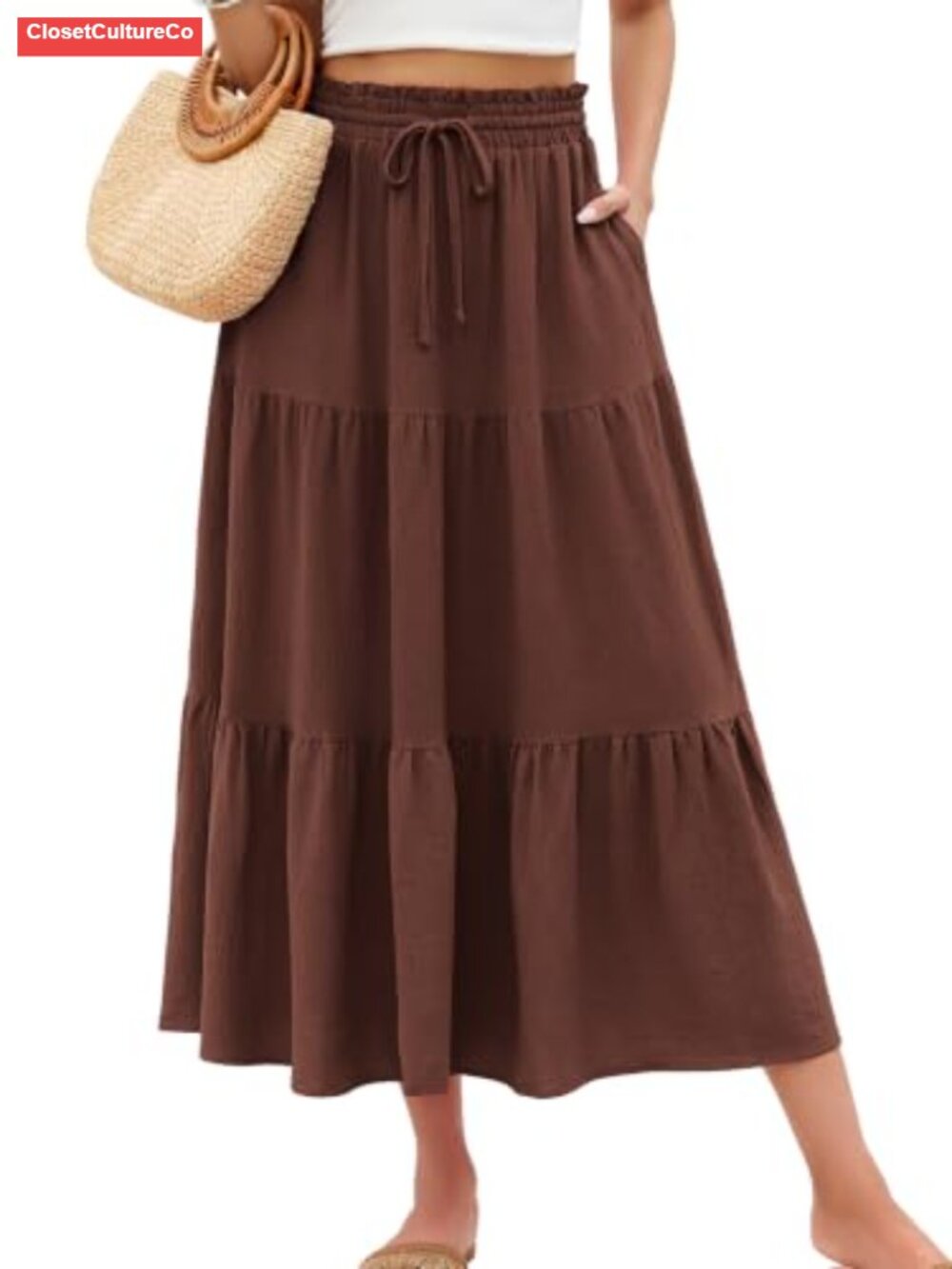 Tiered Ruffle Maxi Skirt with Pockets High Waist A-Line Flowy
